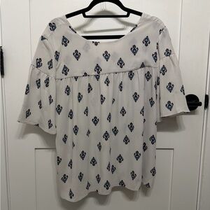 LOFT Cream and Navy Patterned Blouse